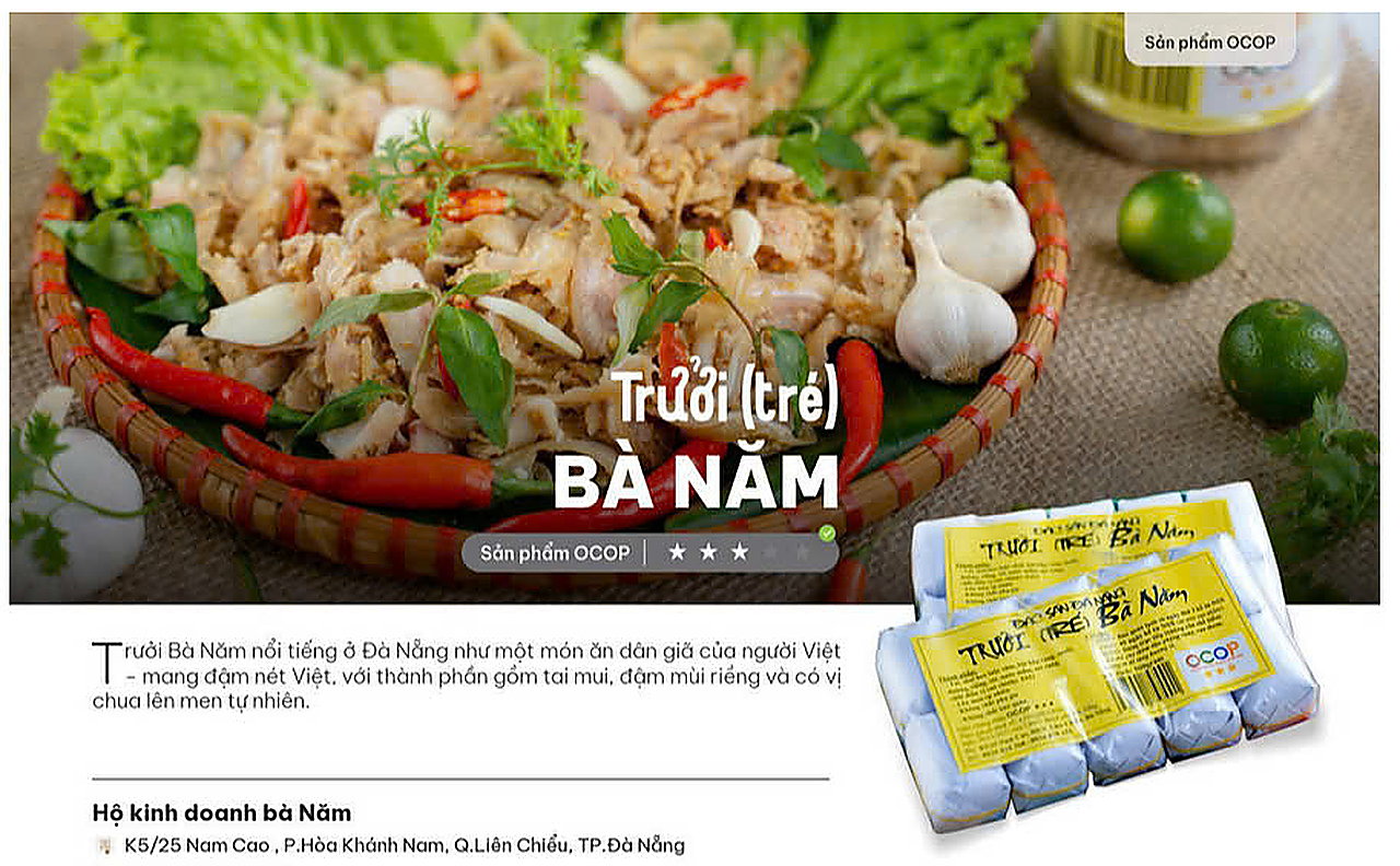 Tré Bà Năm đặc sản Đà Nẵng — sản phẩm OCOP đóng gói và món tré trình bày trong rổ mây